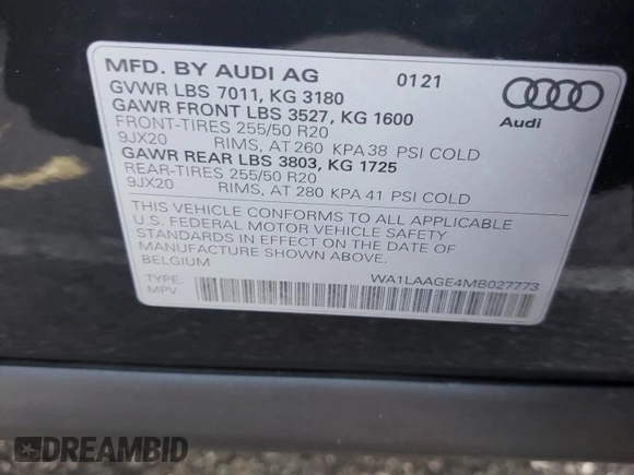 2021 Audi e-tron Premium Plus with VIN WA1LAAGE4MB027773, listed as a Copart auction lot 50399543 with 22,734 mi miles. Bid and sale history available at carsss.com. Image 12.