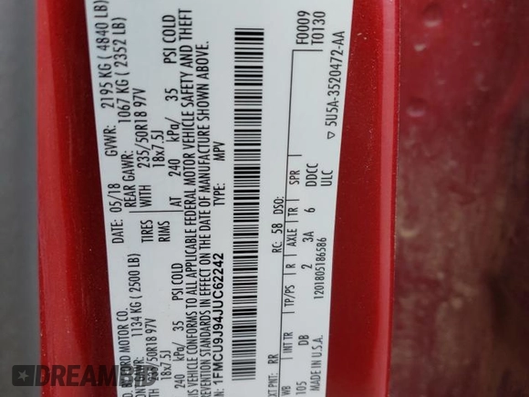 2018 Ford Escape Titanium with VIN 1FMCU9J94JUC62242, listed as a Copart auction lot 59770835 with 139,316 mi miles and Salvage title. Bid and sale history available at DreamBid. Image 13.