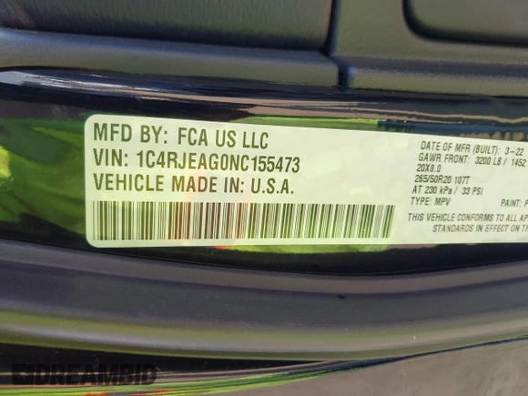 2022 Jeep Grand Cherokee Laredo X with VIN 1C4RJEAG0NC155473, listed as a IAAI auction lot 41533702 with 58,516 mi miles and . Bid and sale history available at DreamBid. Image 9.