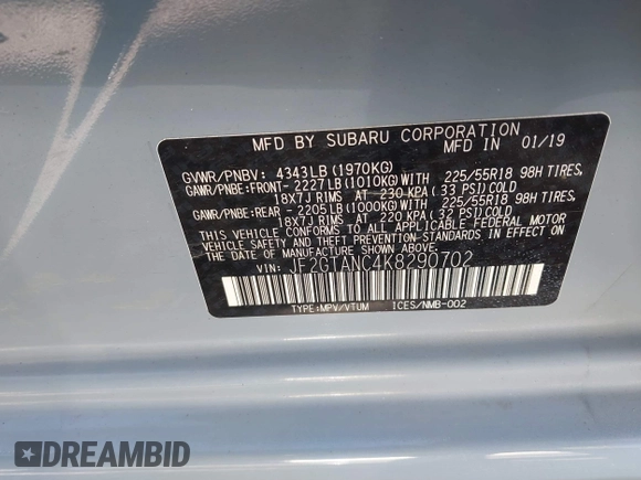 2019 Subaru Crosstrek Limited with VIN JF2GTANC4K8290702, listed as a IAAI auction lot 42305213 with 38,304 mi miles and . Bid and sale history available at DreamBid. Image 9.
