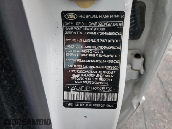 2011 Land Rover Range Rover SC with VIN SALMF1E46BA336730, listed as a Copart auction lot 54917645 with 138,060 mi miles and Clean title. Bid and sale history available at DreamBid. Image 13.