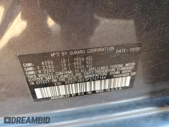 2023 Subaru Impreza with VIN 4S3GTAB63P3707194, listed as a Copart auction lot 42442705 with 26,087 mi miles and Salvage title. Bid and sale history available at DreamBid. Image 13.