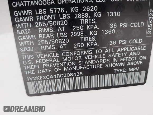 2024 Volkswagen Atlas SE with VIN 1V2KE2CA4RC208435, listed as a IAAI auction lot 42382037 with 38,693 mi miles and . Bid and sale history available at DreamBid. Image 9.