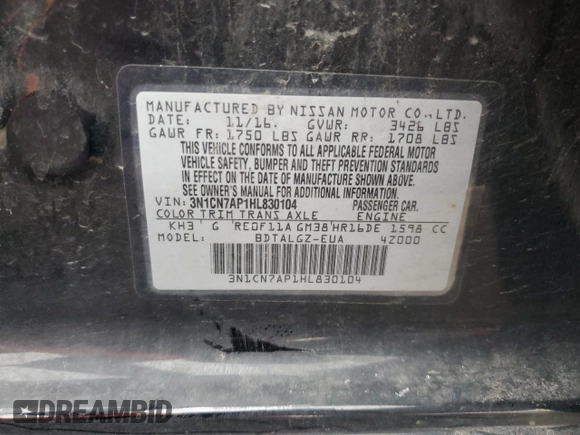 2017 Nissan Versa S Plus z VIN 3N1CN7AP1HL830104, wystawiony jako Copart lot #50961755 z przebiegiem 99 710 mil mil oraz Szkoda całkowita • Salvage title. Historia ofert i sprzedaży dostępna na DreamBid. Obrazek 15.