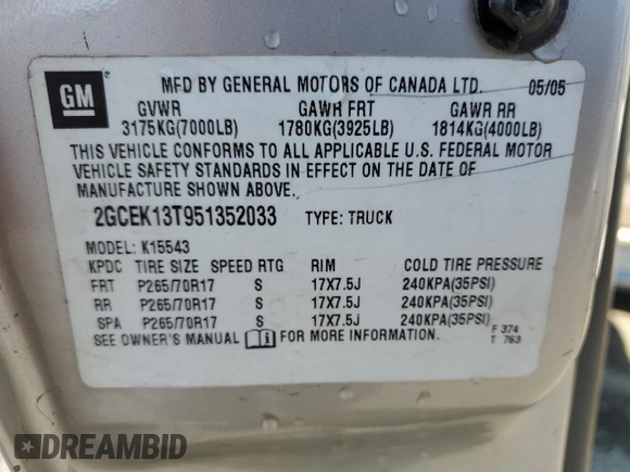 2005 Chevrolet Silverado 1500 LT with VIN 2GCEK13T951352033, listed as a Copart auction lot 50641335 with 181,868 mi miles and Salvage Title. Bid and sale history available at DreamBid. Image 13.