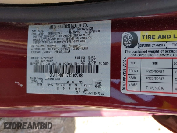 2007 Ford Fusion SEL with VIN 3FAHP08117R102788, listed as a IAAI auction lot 41969561 with 174,678 mi miles. Bid and sale history available at carsss.com. Image 9.