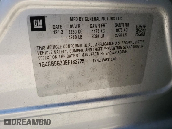2014 Buick LaCrosse Leather with VIN 1G4GB5G30EF182725, listed as a Copart auction lot 52437685 with 89,906 mi miles and Salvage Title. Bid and sale history available at DreamBid. Image 14.