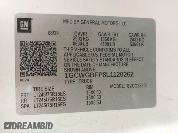 2020 Chevrolet Express Cargo Van with VIN 1GCWGBFP8L1120262, listed as a IAAI auction lot 42010679 with 114,589 mi miles. Bid and sale history available at carsss.com. Image 9.