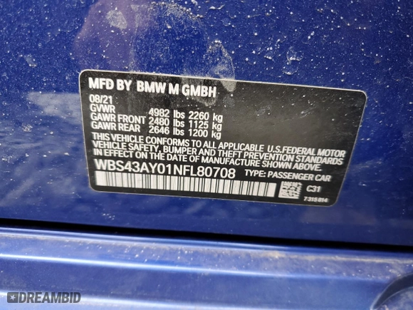 2022 BMW M3 Competition xDrive with VIN WBS43AY01NFL80708, listed as a Copart auction lot 46034615 with 0 mi miles and Salvage Title. Bid and sale history available at carsss.com. Image 12.