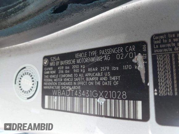 2001 BMW 5 Series 525i with VIN WBADT43431GX21028, listed as a IAAI auction lot 41750416 with Not Provided miles and . Bid and sale history available at DreamBid. Image 9.