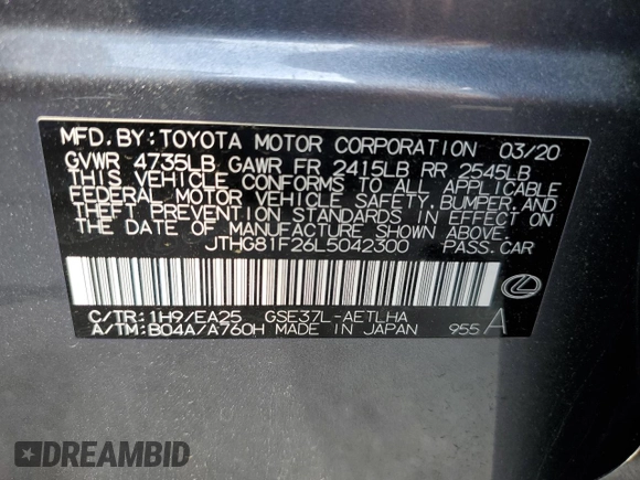 2020 Lexus IS with VIN JTHG81F26L5042300, listed as a Copart auction lot 65188344 with 46,794 mi miles and Salvage Title. Bid and sale history available at carsss.com. Image 12.
