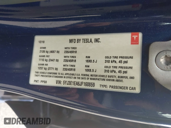 2018 Tesla Model 3 Long Range Battery z VIN 5YJ3E1EA6JF160859, wystawiony jako IAAI lot #42149636 z przebiegiem 81 159 mil mil oraz . Historia ofert i sprzedaży dostępna na DreamBid. Obrazek 9.