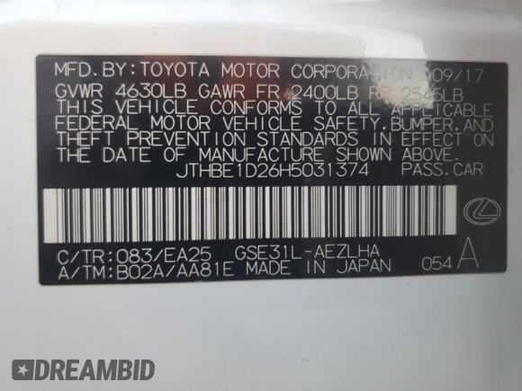 2017 Lexus IS 350 with VIN JTHBE1D26H5031374, listed as a Copart auction lot 80337564 with 65,431 mi miles and Salvage Title. Bid and sale history available at DreamBid. Image 13.