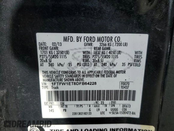 2013 Ford F-150 XL with VIN 1FTFW1ET8DFB64228, listed as a Copart auction lot 58772755 with Not provided miles and Salvage title. Bid and sale history available at DreamBid. Image 12.