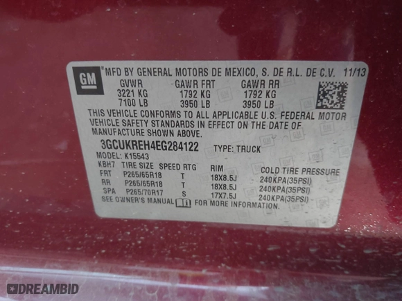 2014 Chevrolet Silverado 1500 LT with VIN 3GCUKREH4EG284122, listed as a IAAI auction lot 41667059 with 243,251 mi miles. Bid and sale history available at carsss.com. Image 9.