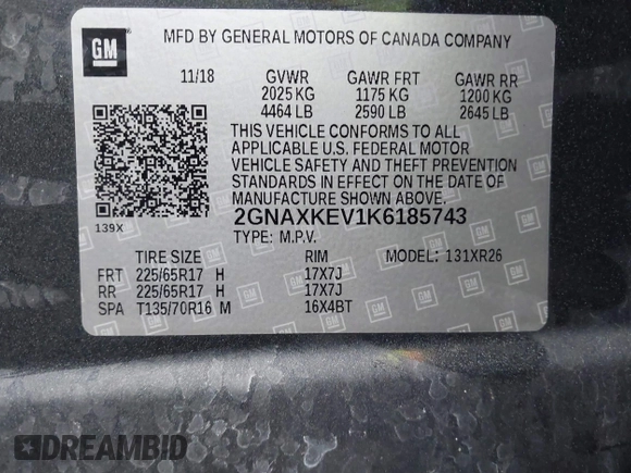 2019 Chevrolet Equinox LT with VIN 2GNAXKEV1K6185743, listed as a IAAI auction lot 40847405 with 58,722 mi miles and . Bid and sale history available at DreamBid. Image 9.