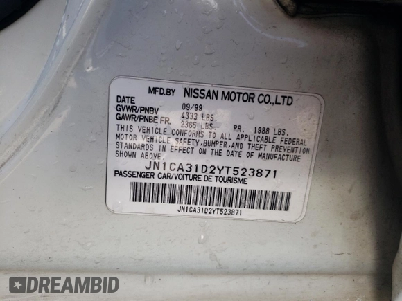 2000 Nissan Maxima GXE z VIN JN1CA31D2YT523871, wystawiony jako Copart lot #65902984 z przebiegiem 235 064 mil mil oraz Szkoda całkowita • Salvage title. Historia ofert i sprzedaży dostępna na DreamBid. Obrazek 12.