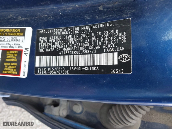 2011 Toyota Camry LE with VIN 4T1BF3EK0BU593773, listed as a IAAI auction lot 42033117 with 187,778 mi miles. Bid and sale history available at carsss.com. Image 9.