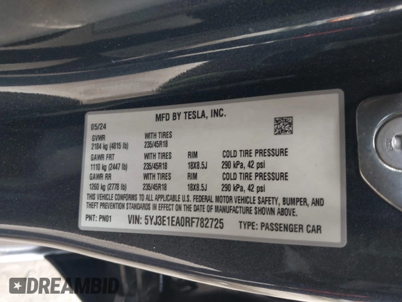2024 Tesla Model 3 z VIN 5YJ3E1EA0RF782725, wystawiony jako IAAI lot #42248130 z przebiegiem 40 776 mil mil oraz . Historia ofert i sprzedaży dostępna na DreamBid. Obrazek 9.
