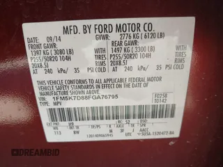 2015 Ford Explorer XLT with VIN 1FM5K7D88FGA76795, listed as a IAAI auction lot 41790439 with 143,273 mi miles and . Bid and sale history available at DreamBid. Image 9.