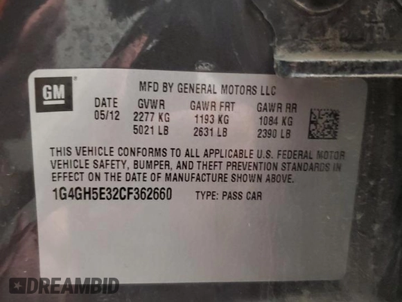 2012 Buick LaCrosse Premium 3 с VIN 1G4GH5E32CF362660, выставлен на аукционе Copart как лот 53003485 с пробегом 119 078 миль миль и Списание • Salvage title. История ставок и продаж доступна на DreamBid. Изображение 12.