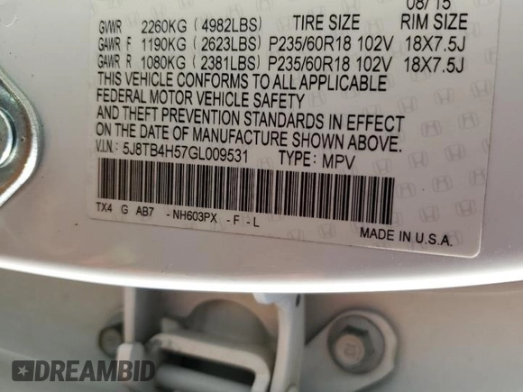 2016 Acura RDX Tech Pkg with VIN 5J8TB4H57GL009531, listed as a Copart auction lot 50531675 with 127,307 mi miles and Salvage Title. Bid and sale history available at carsss.com. Image 13.