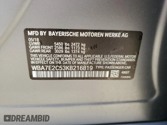 2019 BMW 7 Series 740i with VIN WBA7E2C53KB216819, listed as a Copart auction lot 76676013 with 60,928 mi miles. Bid and sale history available at carsss.com. Image 12.