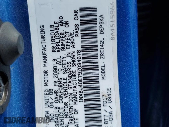 2009 Toyota Corolla with VIN 1NXBU40E79Z034678, listed as a Copart auction lot 53390285 with 173,593 mi miles and Salvage Title. Bid and sale history available at carsss.com. Image 14.