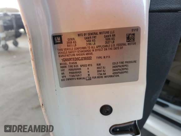 2012 GMC Acadia Denali with VIN 1GKKRTED6CJ236022, listed as a Copart auction lot 57525485 with 223,389 mi miles and Salvage title. Bid and sale history available at DreamBid. Image 13.