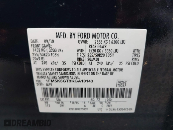 2019 Ford Explorer Sport with VIN 1FM5K8GT9KGA10143, listed as a IAAI auction lot 41935836 with 62,531 mi miles and . Bid and sale history available at DreamBid. Image 9.
