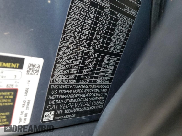 2019 Land Rover Range Rover Velar S with VIN SALYB2FV7KA215666, listed as a Copart auction lot 74099044 with Not provided miles and Non repairable. Bid and sale history available at DreamBid. Image 14.