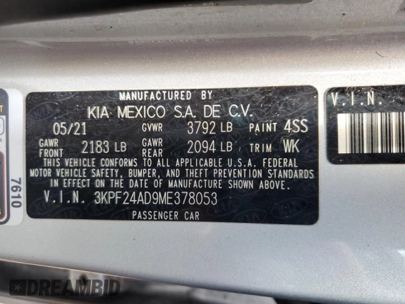 2021 Kia Forte FE with VIN 3KPF24AD9ME378053, listed as a Copart auction lot 57533475 with 120,900 mi miles and Non repairable. Bid and sale history available at DreamBid. Image 13.