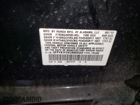 2012 Honda Ridgeline RT with VIN 5FPYK1F2XCB003545, listed as a Copart auction lot 41908095 with 96,642 mi miles and Salvage title. Bid and sale history available at DreamBid. Image 12.