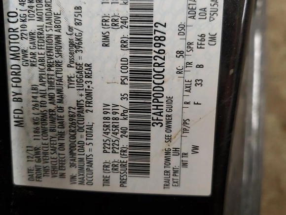 2012 Ford Fusion SPORT with VIN 3FAHP0DC0CR269872, listed as a Copart auction lot 48330765 with 171,330 mi miles and Salvage Title. Bid and sale history available at carsss.com. Image 12.