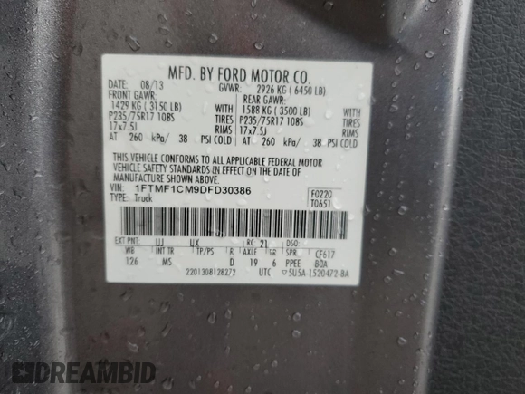 2013 Ford F-150 XL with VIN 1FTMF1CM9DFD30386, listed as a Copart auction lot 45029925 with 98,820 mi miles and Salvage Title. Bid and sale history available at carsss.com. Image 12.