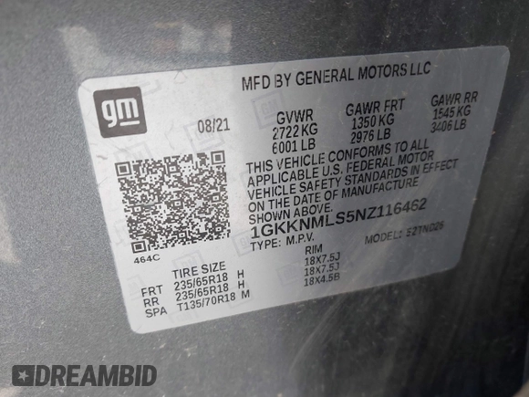 2022 GMC Acadia SLT with VIN 1GKKNMLS5NZ116462, listed as a IAAI auction lot 41195773 with 73,759 mi miles. Bid and sale history available at carsss.com. Image 9.