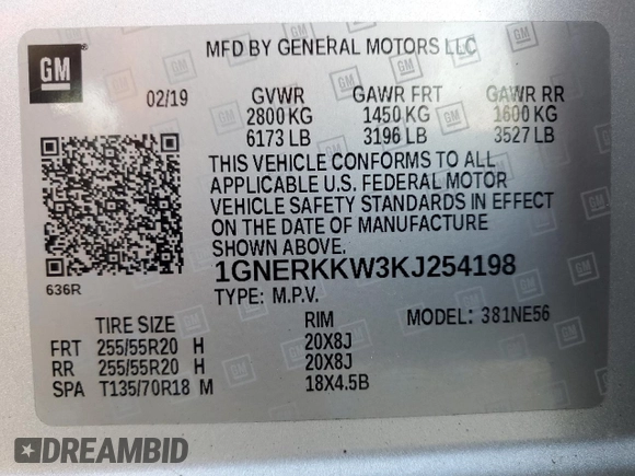 2019 Chevrolet Traverse Premier with VIN 1GNERKKW3KJ254198, listed as a Copart auction lot 64547974 with 75,348 mi miles and Salvage Title. Bid and sale history available at carsss.com. Image 15.