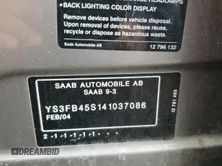 2004 Saab 9-3 Linear z VIN YS3FB45S141037086, wystawiony jako Copart lot #84705264 z przebiegiem 127 118 mil mil oraz Tytuł czysty. Historia ofert i sprzedaży dostępna na DreamBid. Obrazek 12.