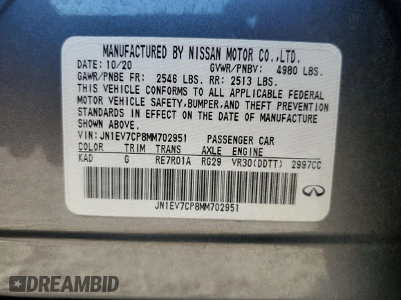 2021 Infiniti Q50 Signature Edition with VIN JN1EV7CP8MM702951, listed as a Copart auction lot 80562724 with 65,016 mi miles and Salvage title. Bid and sale history available at DreamBid. Image 13.