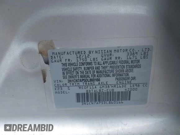 2013 Nissan Versa S Plus with VIN 3N1CN7AP5DL860166, listed as a IAAI auction lot 42272580 with 155,510 mi miles and . Bid and sale history available at DreamBid. Image 9.