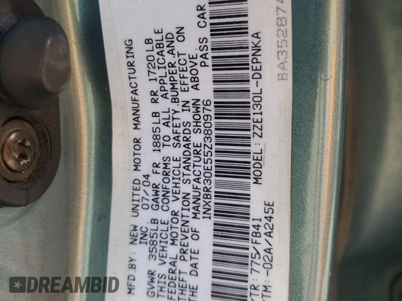 2005 Toyota Corolla CE with VIN 1NXBR30E55Z380976, listed as a Copart auction lot 55688755 with 293,000 mi miles and Salvage title. Bid and sale history available at DreamBid. Image 12.