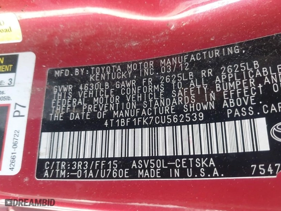 2012 Toyota Camry L with VIN 4T1BF1FK7CU562539, listed as a IAAI auction lot 41804422 with 240,831 mi miles. Bid and sale history available at carsss.com. Image 9.