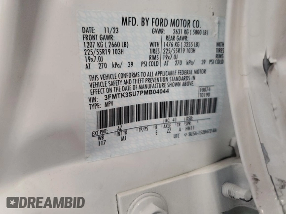 2023 Ford Mustang Mach-E Premium with VIN 3FMTK3SU7PMB04044, listed as a Copart auction lot 57593025 with 7,192 mi miles and Salvage title. Bid and sale history available at DreamBid. Image 14.