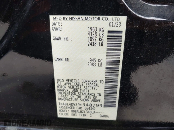 2023 Nissan Altima SV z VIN 1N4BL4DV2PN348799, wystawiony jako IAAI lot #42361675 z przebiegiem 54 285 mil mil oraz . Historia ofert i sprzedaży dostępna na DreamBid. Obrazek 9.