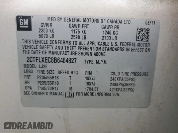 2011 GMC Terrain SLT-2 with VIN 2CTFLXEC8B6464827, listed as a Copart auction lot 68097454 with 146,569 mi miles and Salvage Title. Bid and sale history available at DreamBid. Image 15.