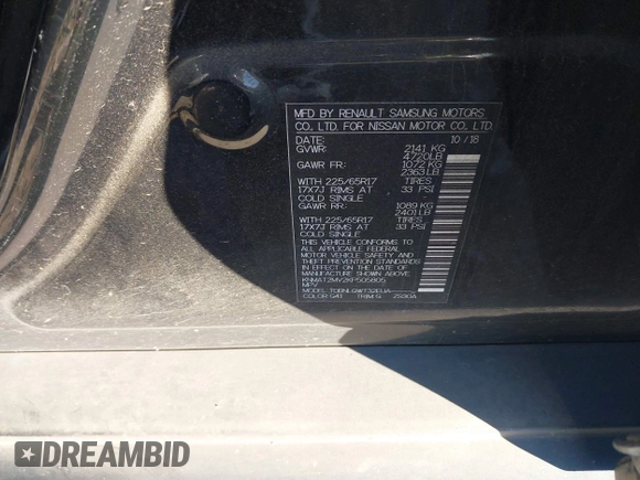 2019 Nissan Rogue SV with VIN KNMAT2MV2KP505805, listed as a IAAI auction lot 41192230 with 92,155 mi miles. Bid and sale history available at carsss.com. Image 9.