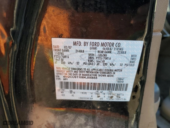 2008 Mercury Mariner with VIN 4M2CU91108KJ05855, listed as a Copart auction lot 49835085 with 0 mi miles and Clean Title. Bid and sale history available at carsss.com. Image 16.