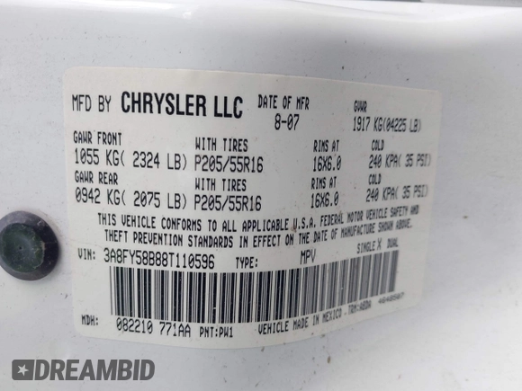 2008 Chrysler PT Cruiser Touring with VIN 3A8FY58B88T110596, listed as a IAAI auction lot 42123751 with 82,372 mi miles and . Bid and sale history available at carsss.com. Image 9.