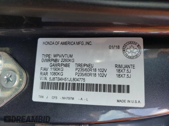 2018 Acura RDX w/Technology Pkg with VIN 5J8TB4H51JL804775, listed as a Copart auction lot 49622025 with 147,886 mi miles and Clean Title. Bid and sale history available at carsss.com. Image 13.