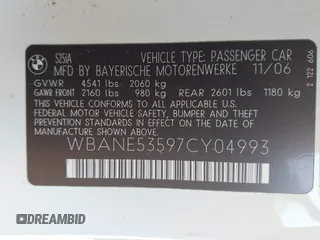 2007 BMW 5 Series 525i with VIN WBANE53597CY04993, listed as a IAAI auction lot 42092078 with 113,698 mi miles and . Bid and sale history available at carsss.com. Image 9.